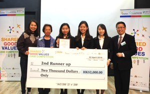 2nd Runner-up of the St. James' Settlement case category - Team The Evergreens. Members include Miss Ngai Jennifer Wing Yee, Miss Chung Yu and Miss Hui Yi Lam Yvonne (2nd to 4th from right).